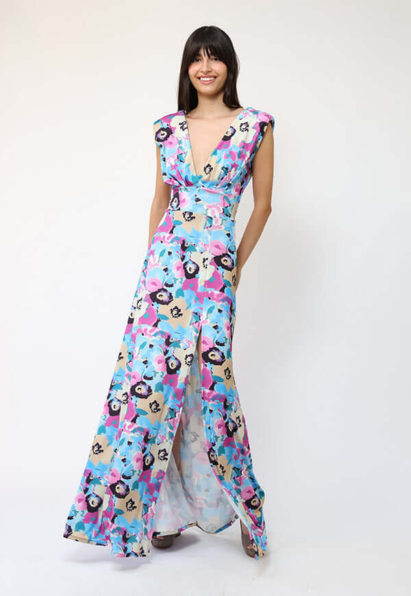 Vestido Camile Celeste Flores Fucsia - Diseño Chileno | Natalia Seguel