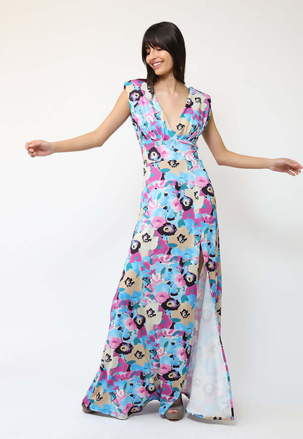 Vestido Camile Celeste Flores Fucsia - Diseño Chileno | Natalia Seguel