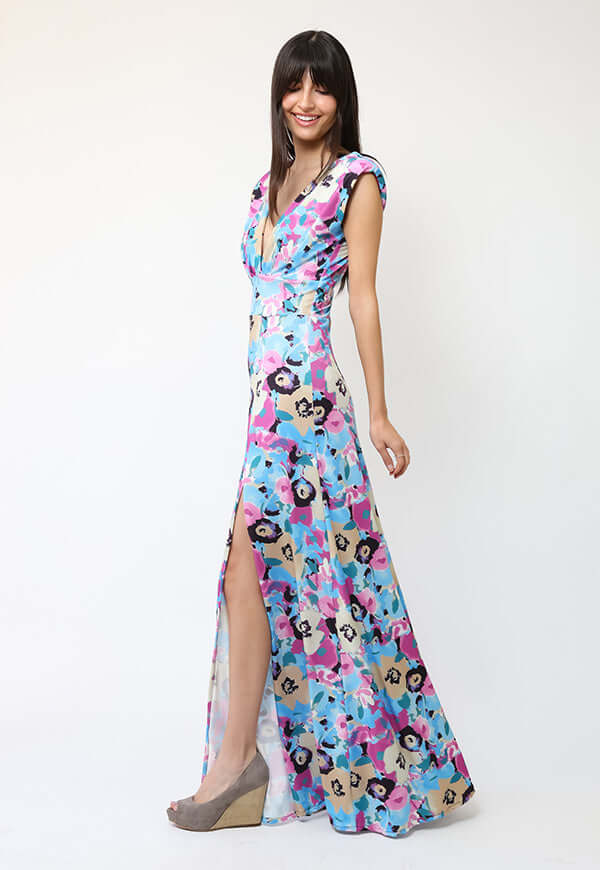 Vestido Camile Celeste Flores Fucsia - Diseño Chileno | Natalia Seguel