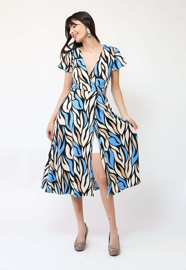 Vestido Coni Hojas Celeste Beige - Diseño Chileno | Natalia Seguel