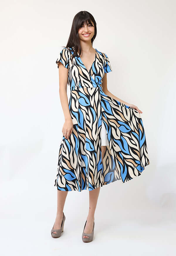 Vestido Coni Hojas Celeste Beige - Diseño Chileno | Natalia Seguel