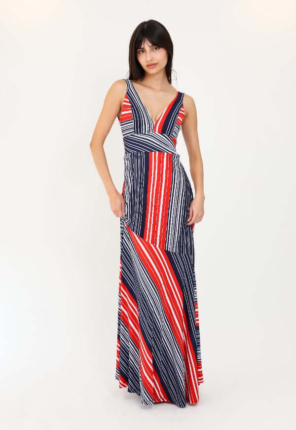 Vestido Beatriz Sin Mangas Rayas Azul Rojo - Diseño de Autor | Natalia Seguel
