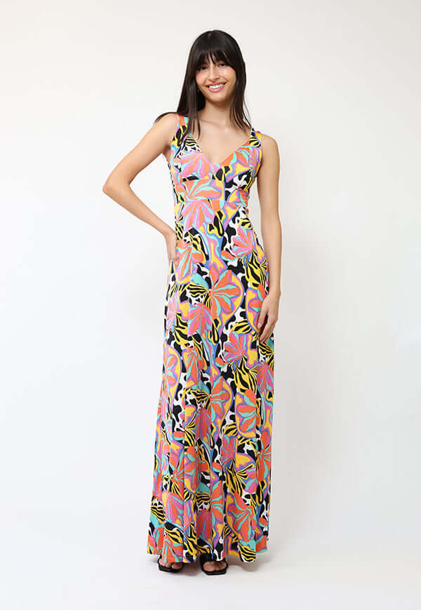 Vestido Vera Flores Naranjas turquesa Amarillo - Diseño Chileno | Natalia Seguel