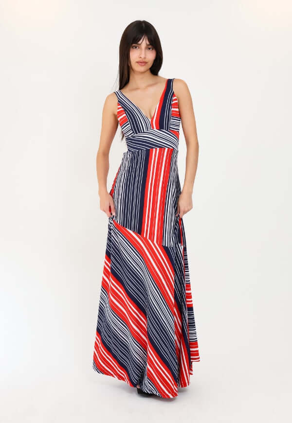 Vestido Beatriz Sin Mangas Rayas Azul Rojo - Diseño de Autor | Natalia Seguel