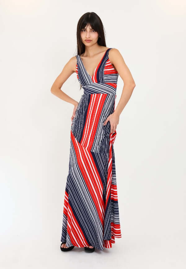 Vestido Beatriz Sin Mangas Rayas Azul Rojo - Diseño de Autor | Natalia Seguel