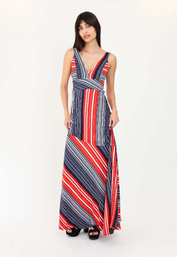 Vestido Beatriz Sin Mangas Rayas Azul Rojo - Diseño de Autor | Natalia Seguel