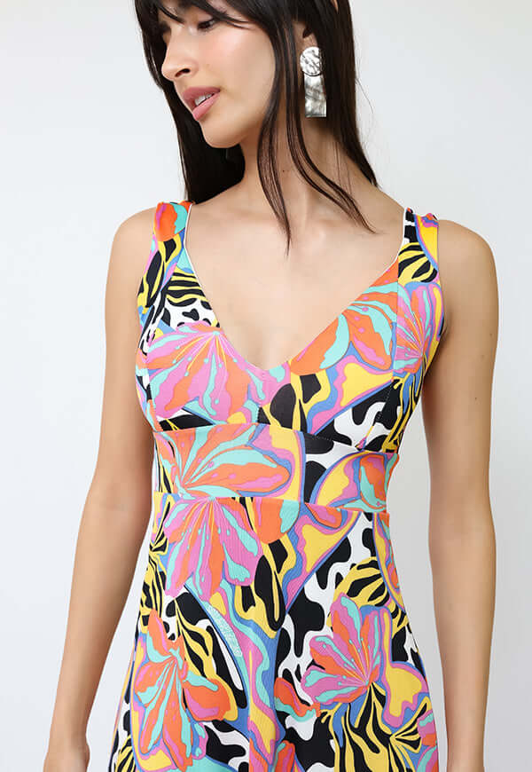 Vestido Vera Flores Naranjas turquesa Amarillo - Diseño Chileno | Natalia Seguel