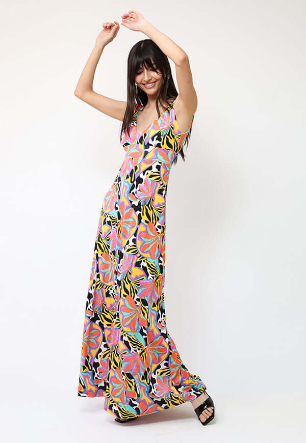 Vestido Vera Flores Naranjas turquesa Amarillo - Diseño Chileno | Natalia Seguel