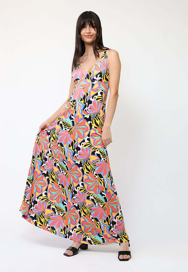 Vestido Vera Flores Naranjas turquesa Amarillo - Diseño Chileno | Natalia Seguel