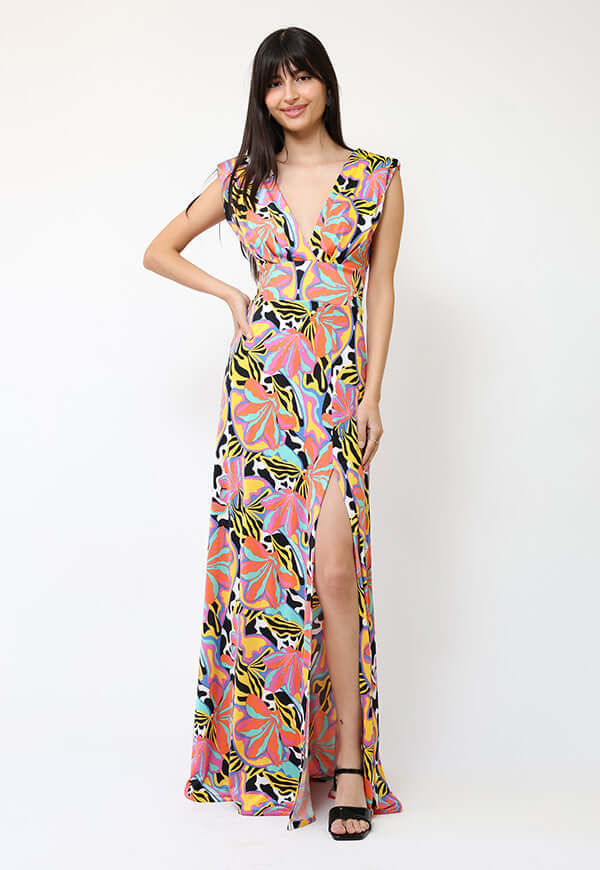 Vestido Camile Flores Naranjas turquesa Amarillo -  Diseño Chileno | Natalia Seguel