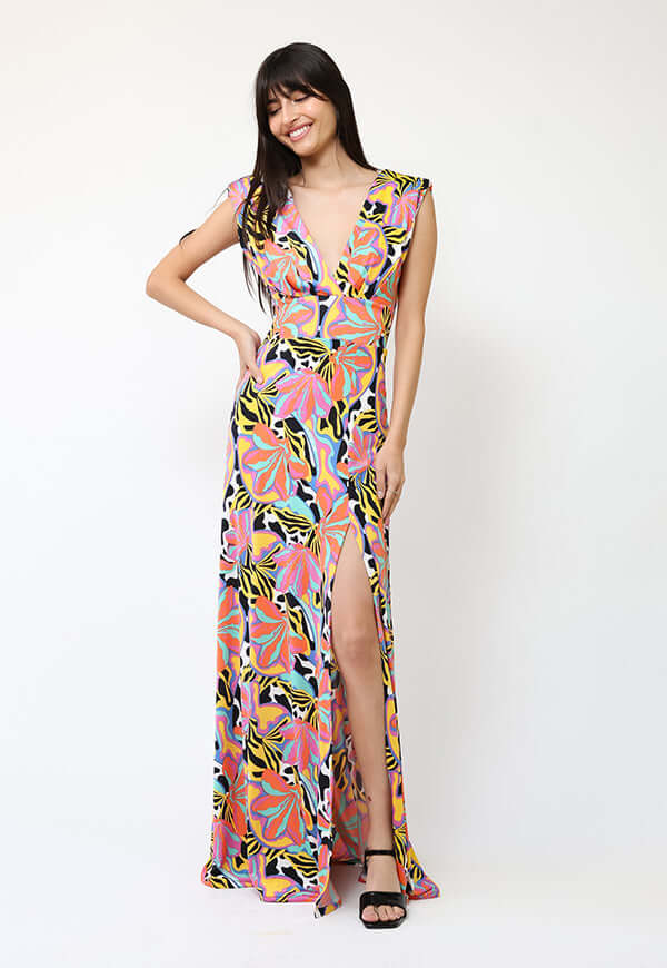 Vestido Camile Flores Naranjas turquesa Amarillo -  Diseño Chileno | Natalia Seguel