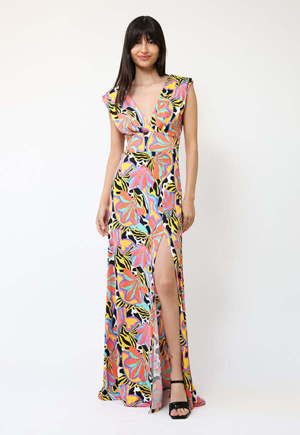 Vestido Camile Flores Naranjas turquesa Amarillo -  Diseño Chileno | Natalia Seguel