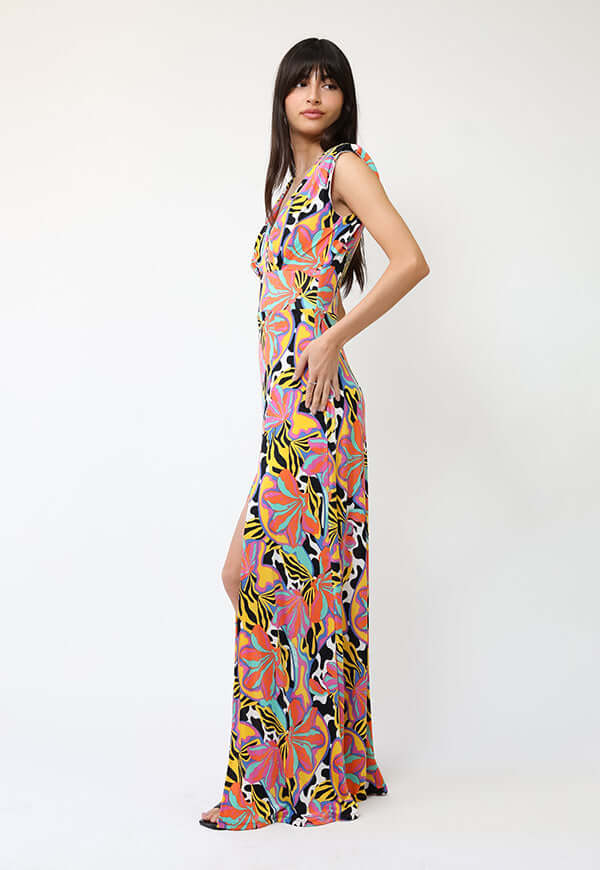 Vestido Camile Flores Naranjas turquesa Amarillo -  Diseño Chileno | Natalia Seguel