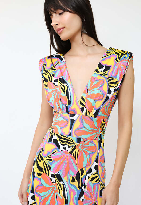 Vestido Camile Flores Naranjas turquesa Amarillo -  Diseño Chileno | Natalia Seguel