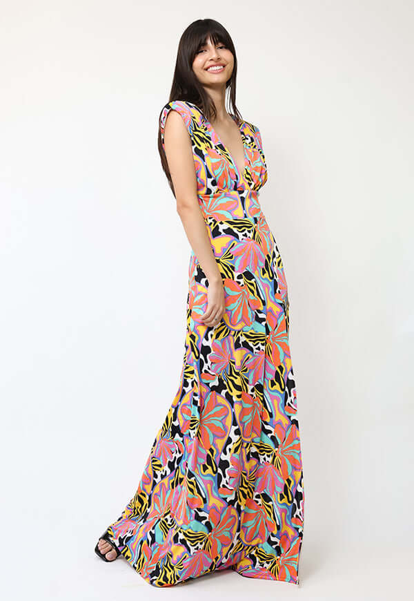 Vestido Camile Flores Naranjas turquesa Amarillo -  Diseño Chileno | Natalia Seguel