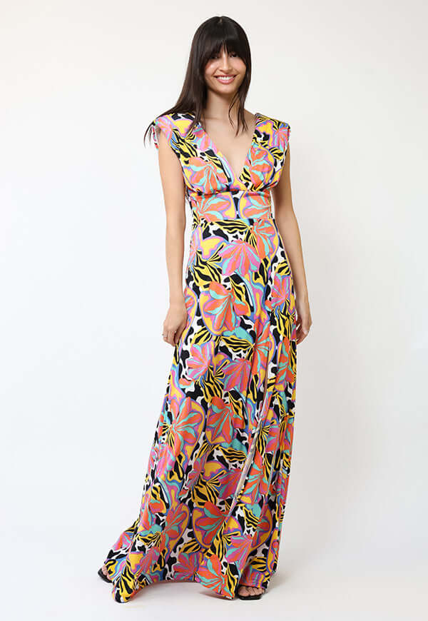 Vestido Camile Flores Naranjas turquesa Amarillo -  Diseño Chileno | Natalia Seguel