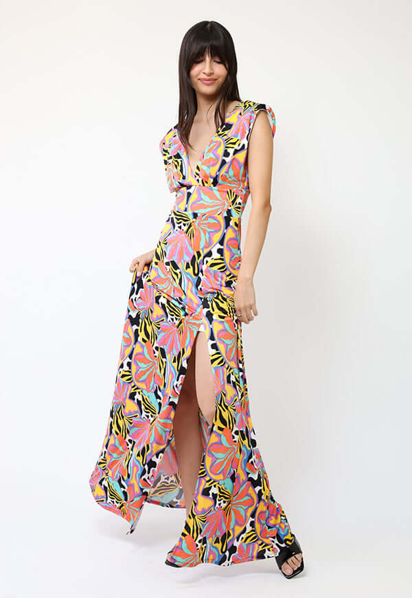 Vestido Camile Flores Naranjas turquesa Amarillo -  Diseño Chileno | Natalia Seguel