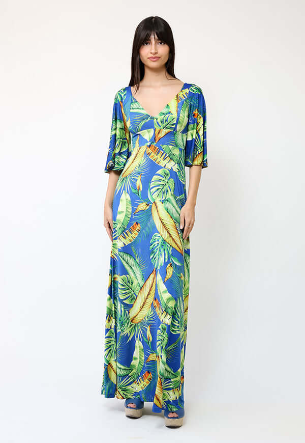 Vestido Magdalena Azul Hojas Verdes - Diseño de Chileno | Natalia Seguel