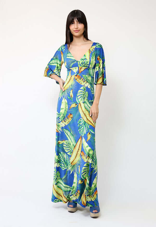 Vestido Magdalena Azul Hojas Verdes - Diseño de Chileno | Natalia Seguel