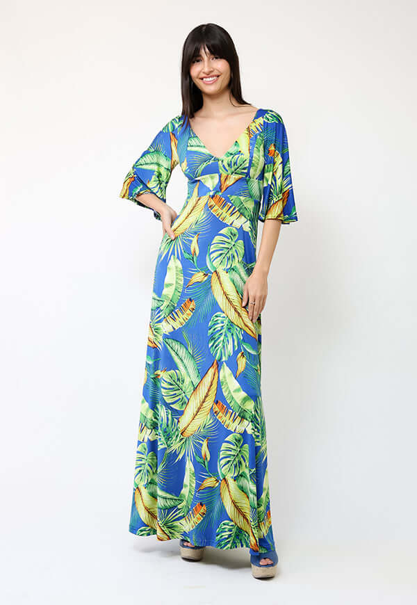 Vestido Magdalena Azul Hojas Verdes - Diseño de Chileno | Natalia Seguel