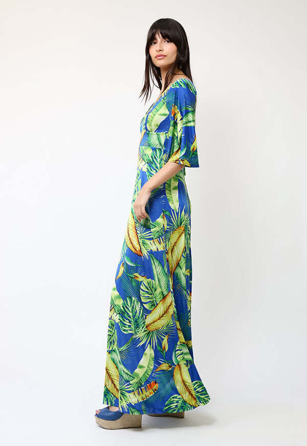 Vestido Magdalena Azul Hojas Verdes - Diseño de Chileno | Natalia Seguel