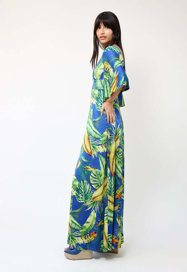 Vestido Magdalena Azul Hojas Verdes - Diseño de Chileno | Natalia Seguel