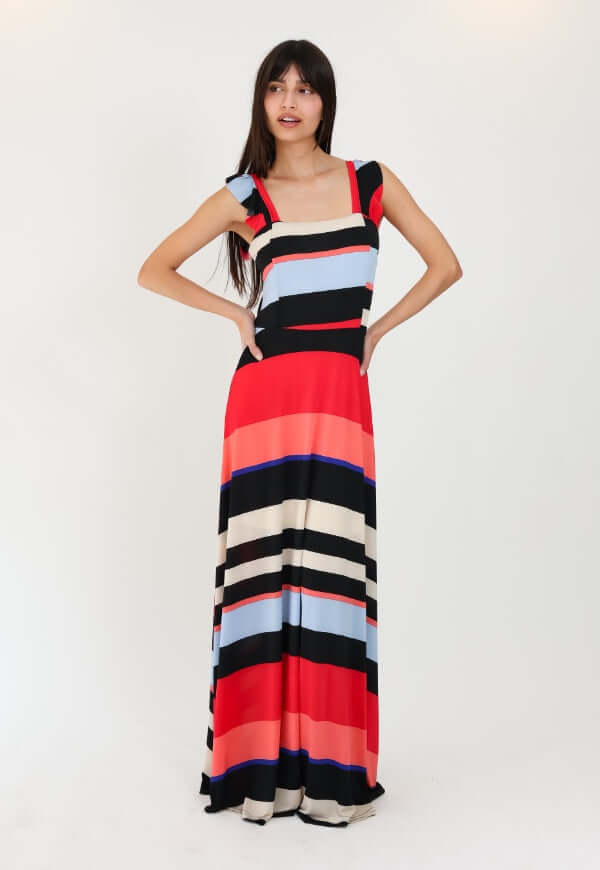 Vestido Mercedes Vuelos Rayas Rojo Negro – Diseño de Autor | Natalia Seguel