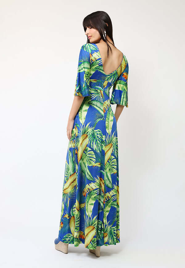 Vestido Magdalena Azul Hojas Verdes - Diseño de Chileno | Natalia Seguel