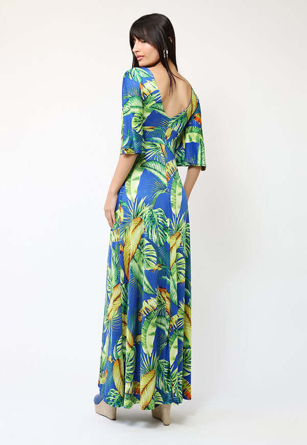 Vestido Magdalena Azul Hojas Verdes - Diseño de Chileno | Natalia Seguel