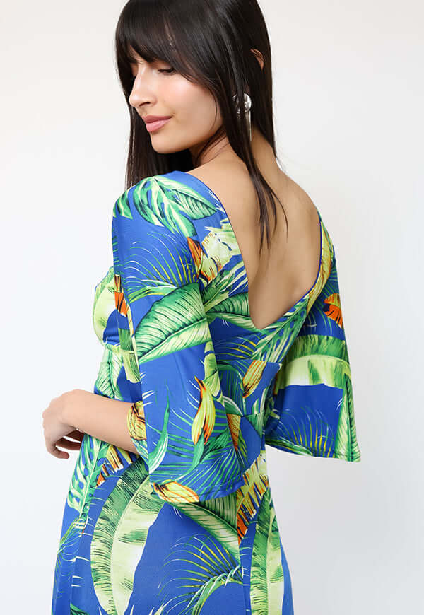 Vestido Magdalena Azul Hojas Verdes - Diseño de Chileno | Natalia Seguel