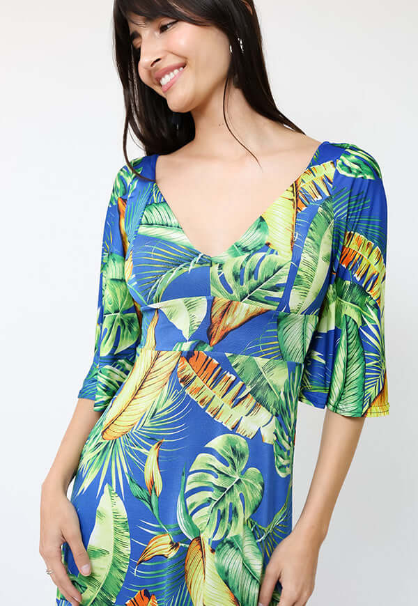 Vestido Magdalena Azul Hojas Verdes - Diseño de Chileno | Natalia Seguel