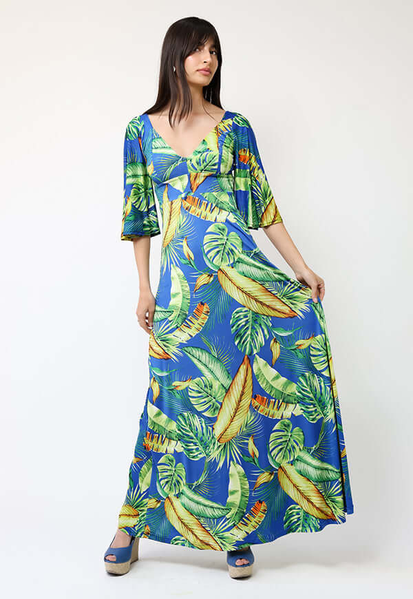 Vestido Magdalena Azul Hojas Verdes - Diseño de Chileno | Natalia Seguel