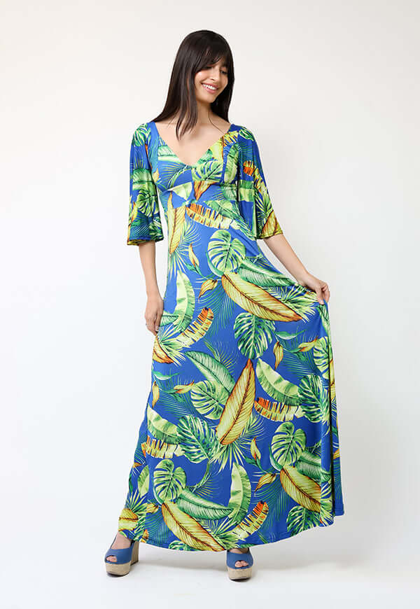 Vestido Magdalena Azul Hojas Verdes - Diseño de Chileno | Natalia Seguel