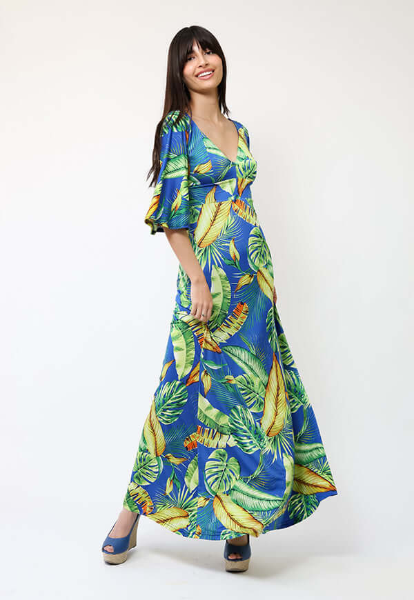 Vestido Magdalena Azul Hojas Verdes - Diseño de Chileno | Natalia Seguel