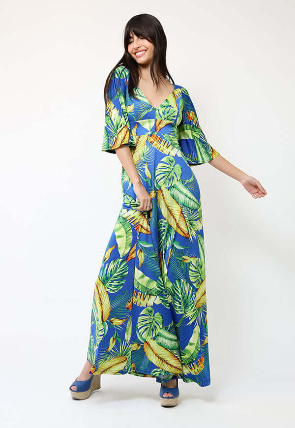 Vestido Magdalena Azul Hojas Verdes - Diseño de Chileno | Natalia Seguel