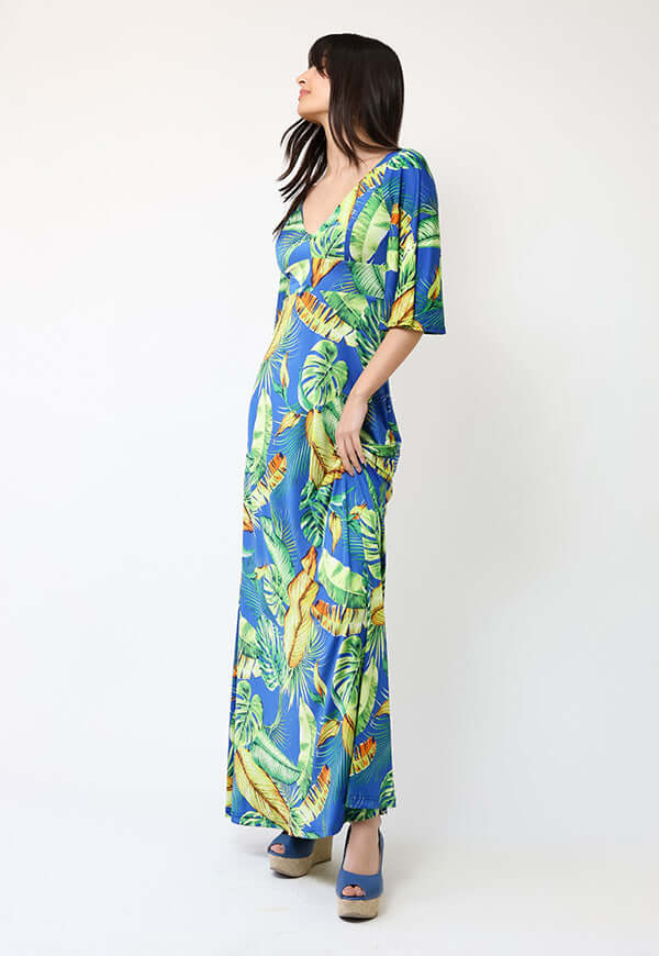 Vestido Magdalena Azul Hojas Verdes - Diseño de Chileno | Natalia Seguel