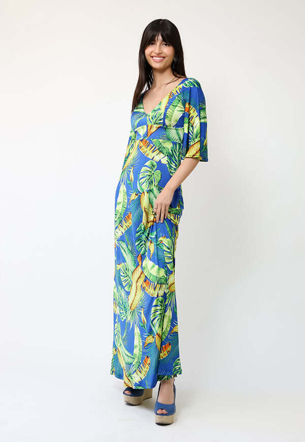 Vestido Magdalena Azul Hojas Verdes - Diseño de Chileno | Natalia Seguel