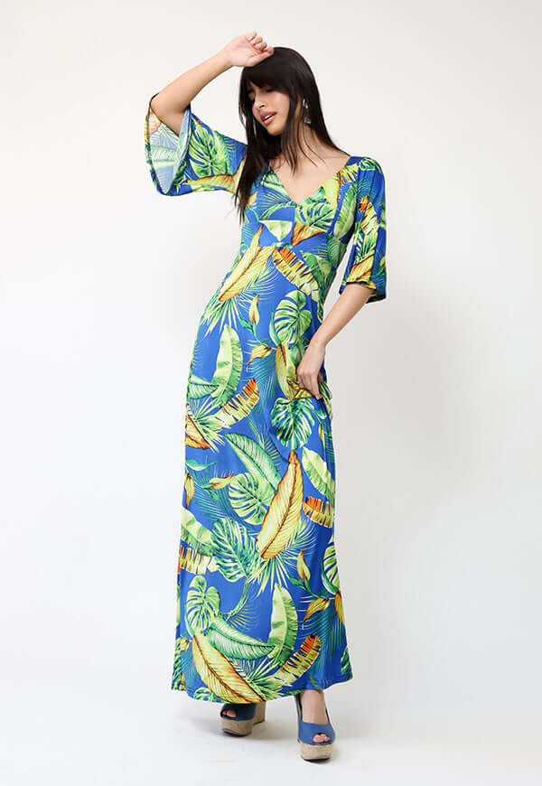 Vestido Magdalena Azul Hojas Verdes - Diseño de Chileno | Natalia Seguel