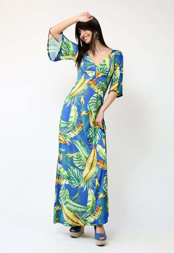 Vestido Magdalena Azul Hojas Verdes - Diseño de Chileno | Natalia Seguel