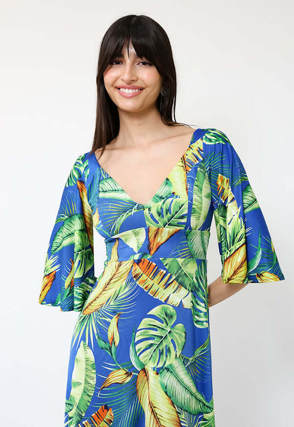 Vestido Magdalena Azul Hojas Verdes - Diseño de Chileno | Natalia Seguel