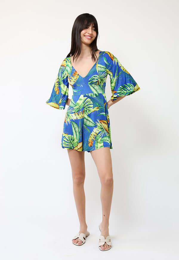 Enterito Magdalena Corto Azul Hojas Verdes - Diseño Chileno | Natalia Seguel