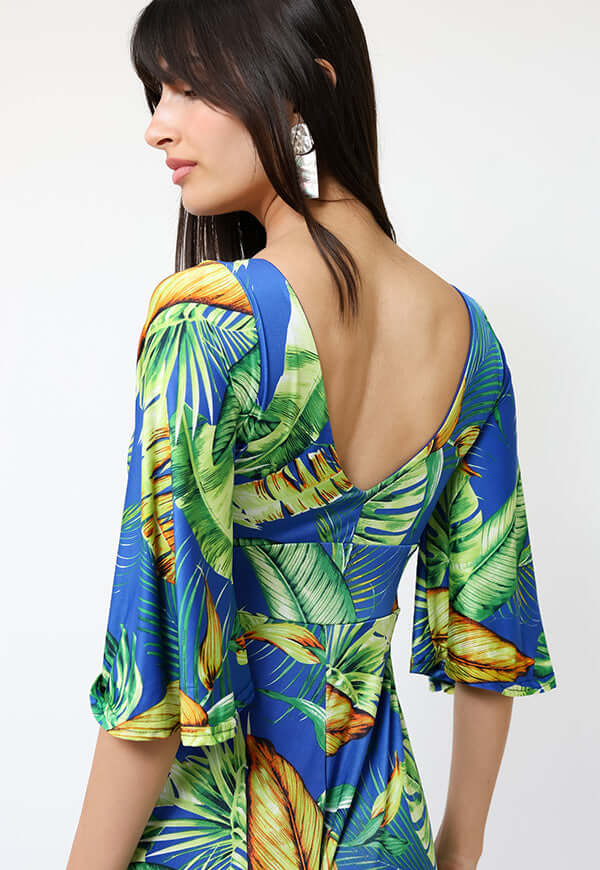 Enterito Magdalena Corto Azul Hojas Verdes - Diseño Chileno | Natalia Seguel