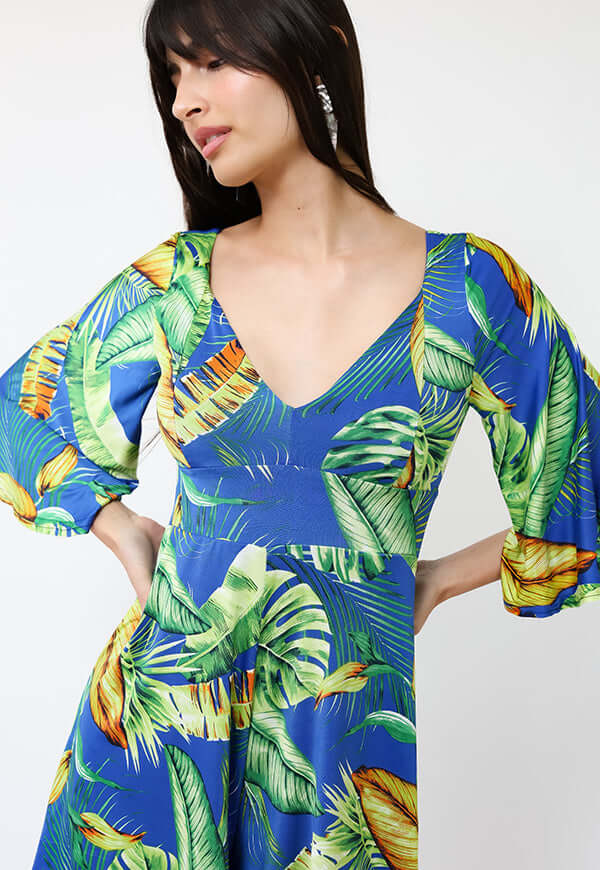 Enterito Magdalena Corto Azul Hojas Verdes - Diseño Chileno | Natalia Seguel