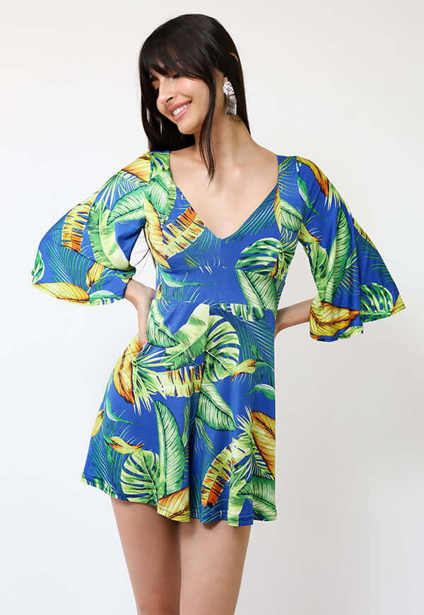 Enterito Magdalena Corto Azul Hojas Verdes - Diseño Chileno | Natalia Seguel