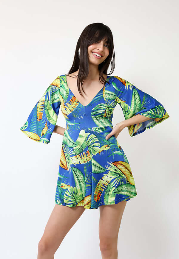 Enterito Magdalena Corto Azul Hojas Verdes - Diseño Chileno | Natalia Seguel