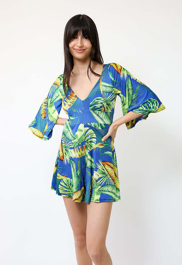 Enterito Magdalena Corto Azul Hojas Verdes - Diseño Chileno | Natalia Seguel