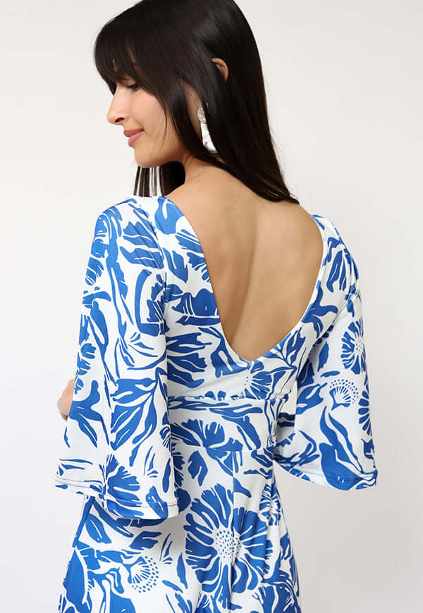 Enterito Magdalena Corto Blanco Hojas Azul - Diseño Chileno | Natalia Seguel