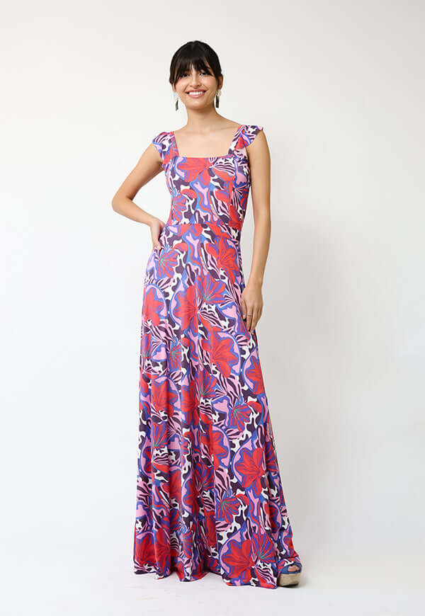 Vestido Mercedes Violeta Hojas Fucsia - Diseño Chileno | Natalia Seguel