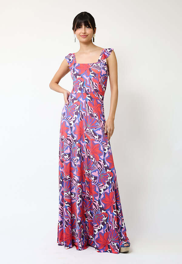 Vestido Mercedes Violeta Hojas Fucsia - Diseño Chileno | Natalia Seguel