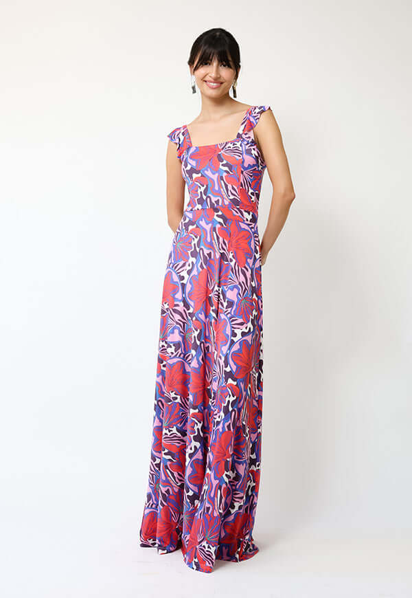 Vestido Mercedes Violeta Hojas Fucsia - Diseño Chileno | Natalia Seguel